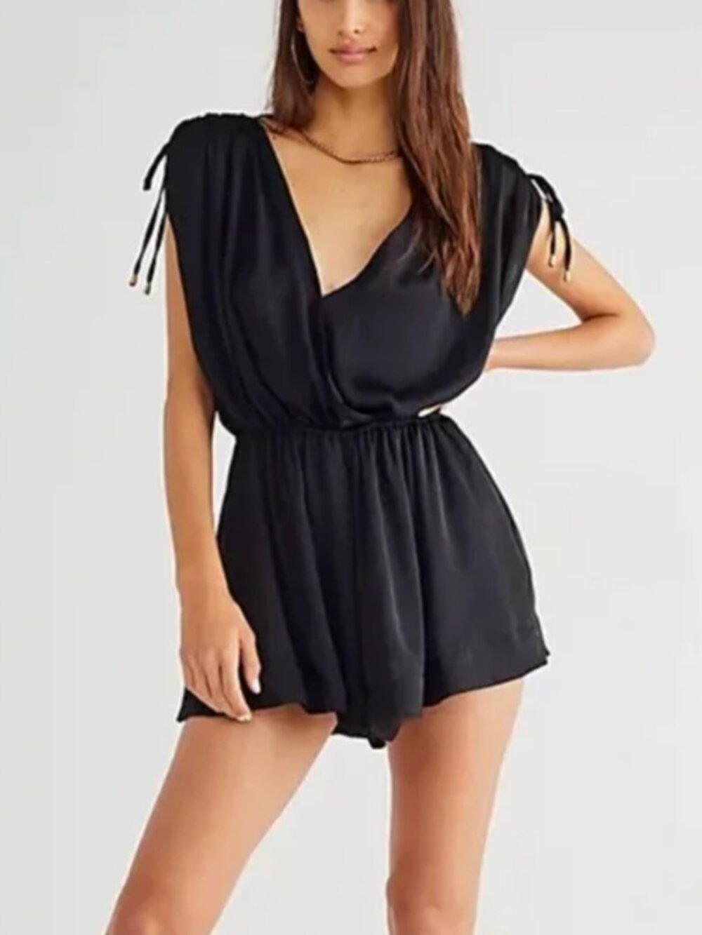 Free People Black Satin Romper, deep v and open back